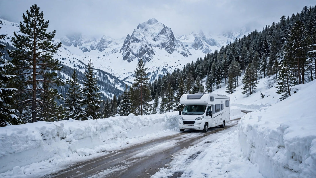 Camping-car sur une route de col alpin dégagée entre deux murs de neige