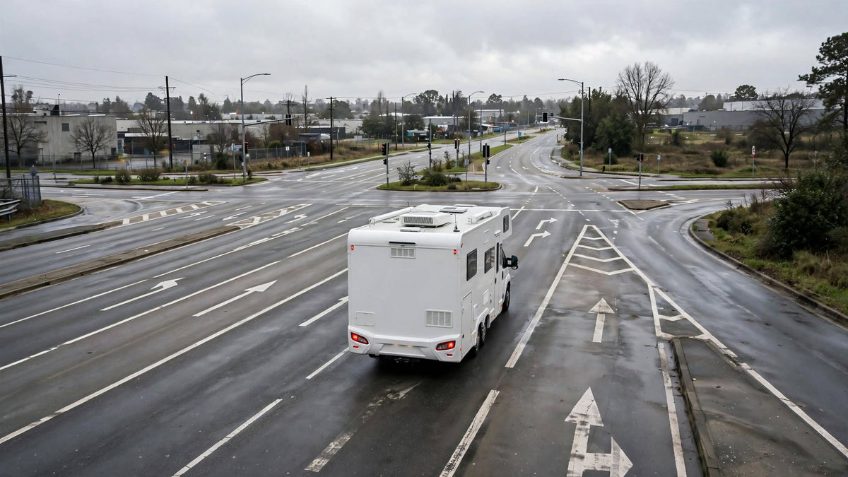 Camping-car abordant un carrefour à plusieurs voies en périphérie urbaine
