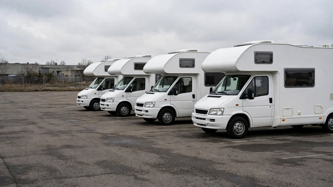 Rangée de camping-cars blancs identiques stationnés sur un parc de location
