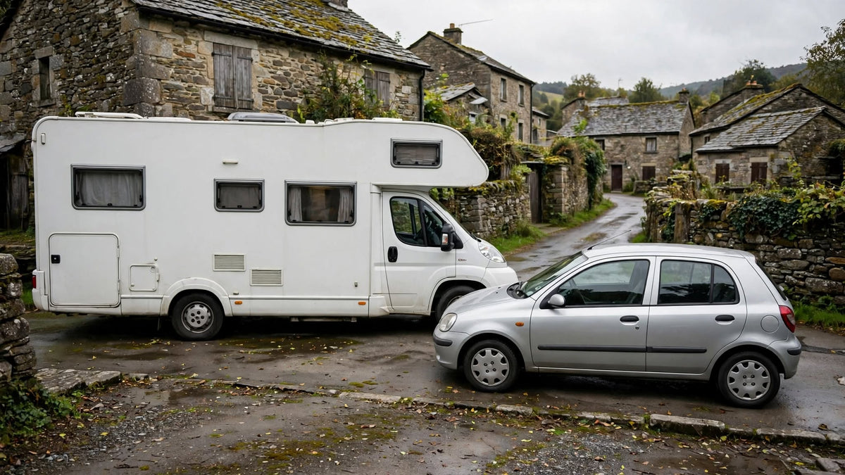 Camping-car et petite voiture côte à côte à l'entrée d'un village en pierre