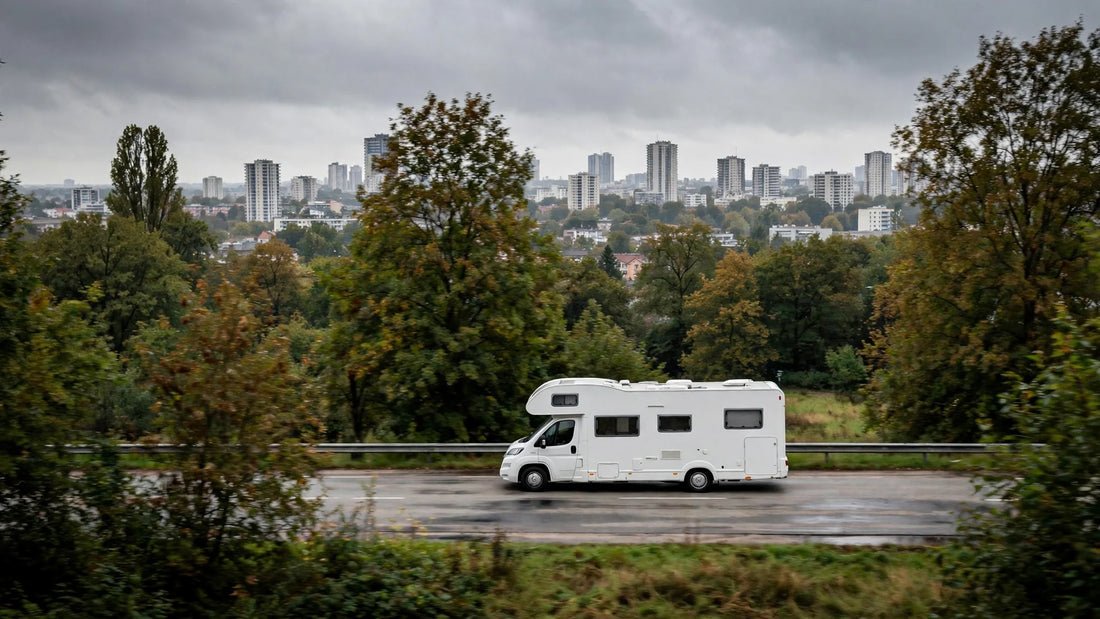 Camping-car circulant sur une rocade avec les tours d'une ville en arrière-plan