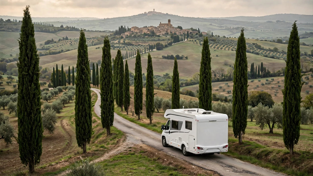 Camping-car sur une route de campagne italienne bordée de cyprès, village perché au loin