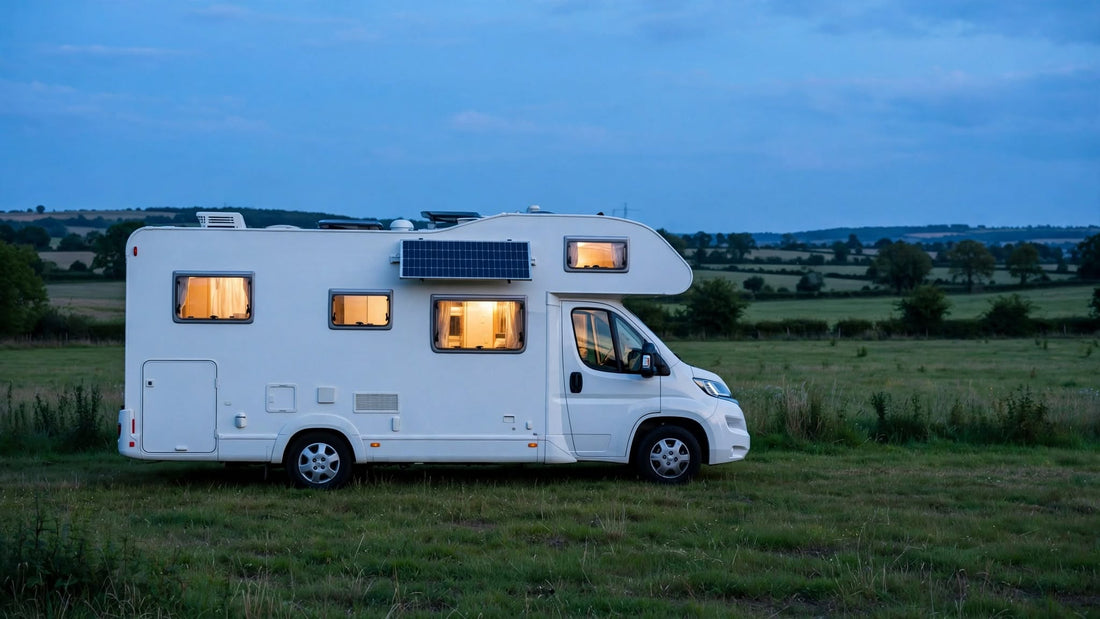 Camping-car stationné dans un pré au crépuscule, fenêtres éclairées et panneau solaire sur le toit