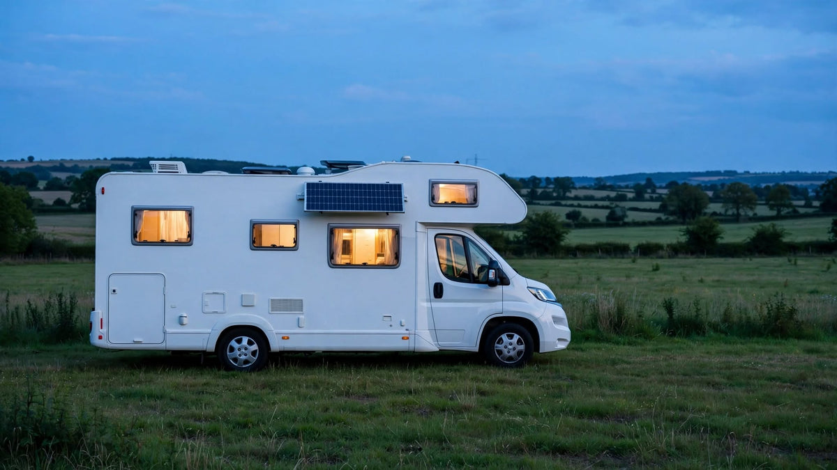 Camping-car stationné dans un pré au crépuscule, fenêtres éclairées et panneau solaire sur le toit