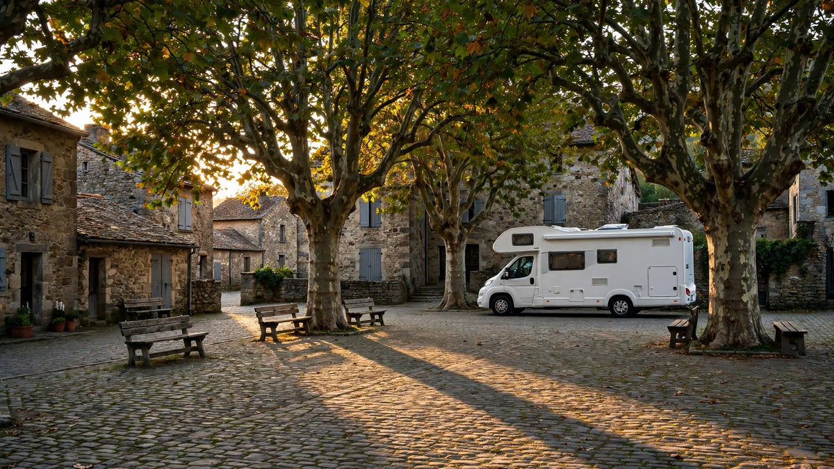 Camping-car stationné en bordure d'une place de village en fin d'après-midi