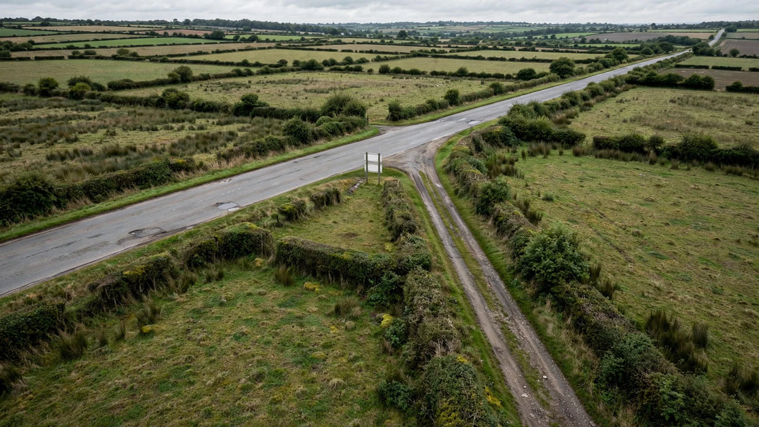Bifurcation entre une route large et une petite voie étroite au milieu des champs