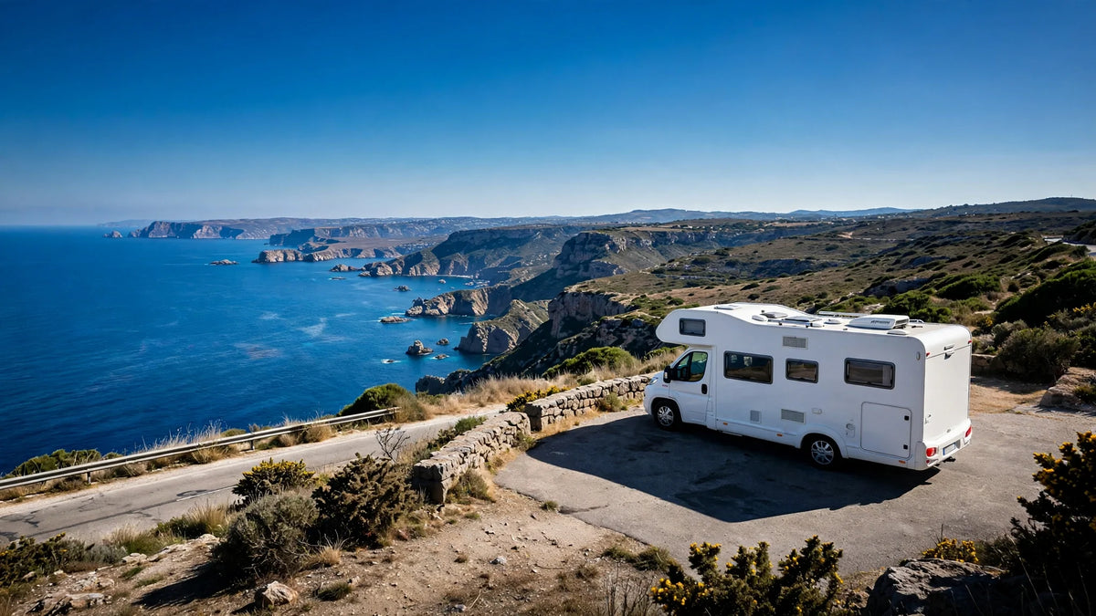 Camping-car stationné sur une aire de bord de mer en plein soleil d'été