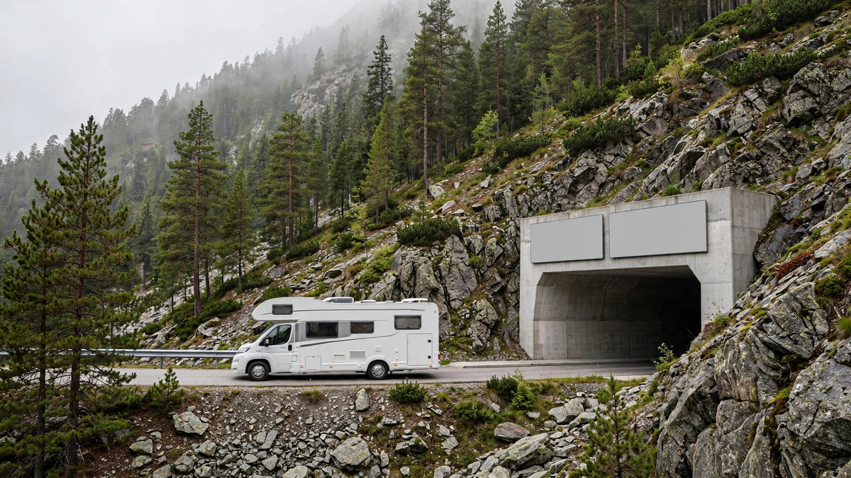 Camping-car abordant l'entrée d'un tunnel de montagne creusé dans la roche