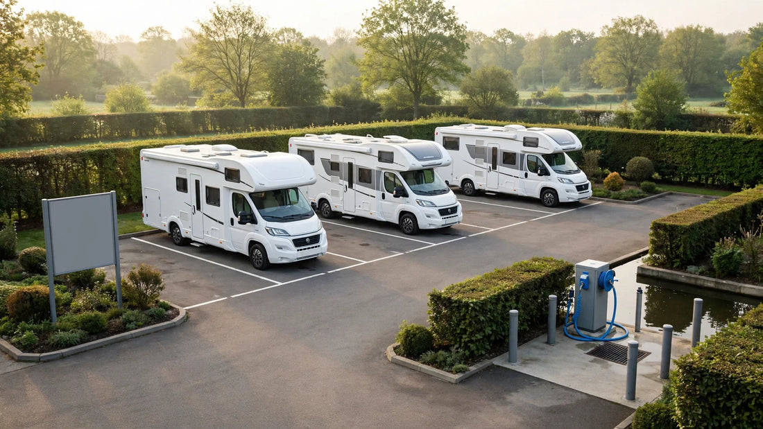 Aire de camping-cars aménagée avec emplacements marqués et point d'eau