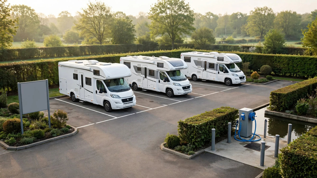 Aire de camping-cars aménagée avec emplacements marqués et point d'eau