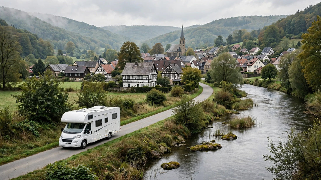 Camping-car sur une route de campagne allemande le long d'une rivière, maisons à colombages au fond