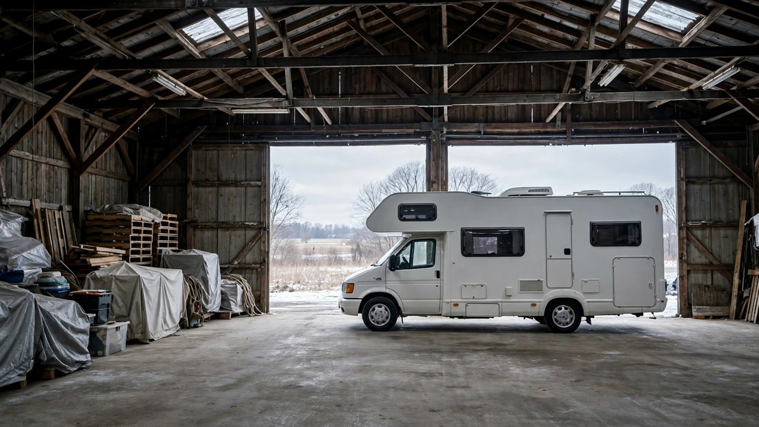Camping-car remisé dans une grange ouverte pour l'hiver