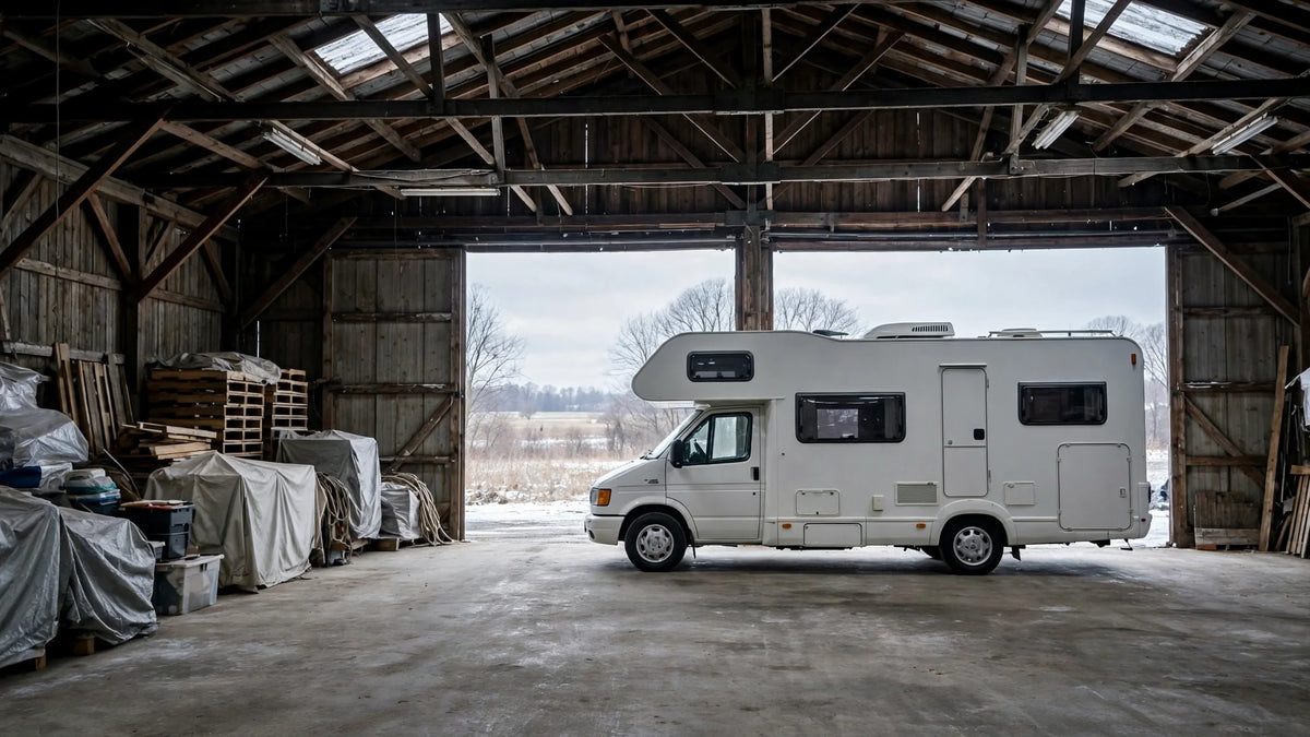 Camping-car remisé dans une grange ouverte pour l'hiver