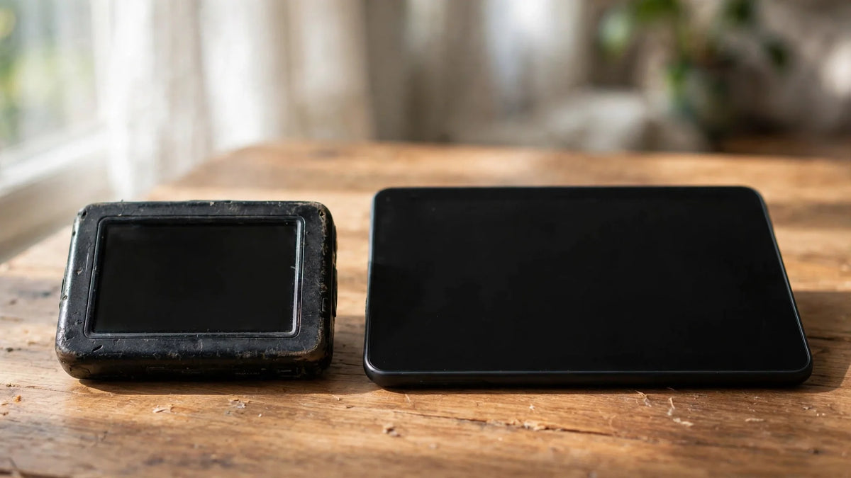Deux appareils électroniques éteints de tailles différentes posés côte à côte sur une table