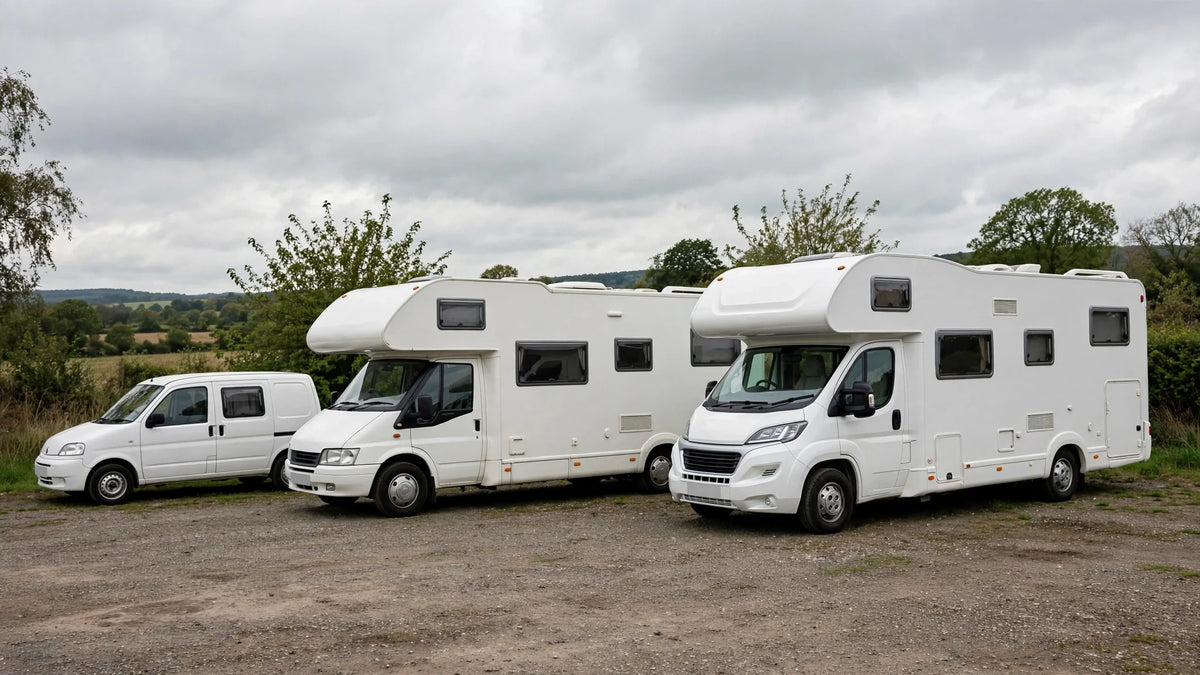 Trois camping-cars de gabarits différents stationnés côte à côte