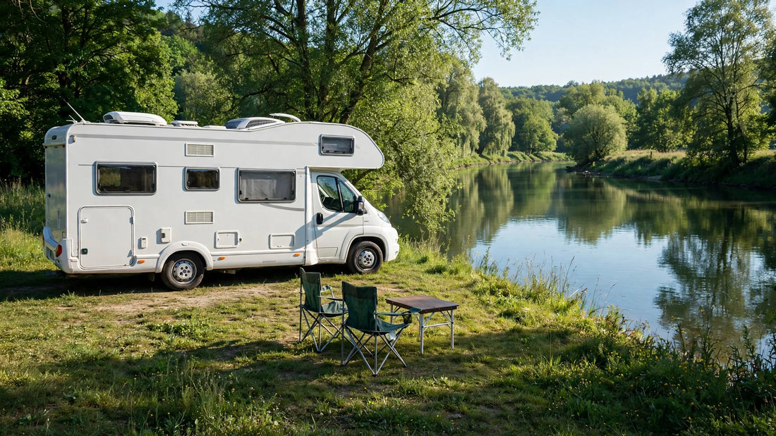 Camping-car installé au bord d'une rivière en fin de matinée, chaises sorties