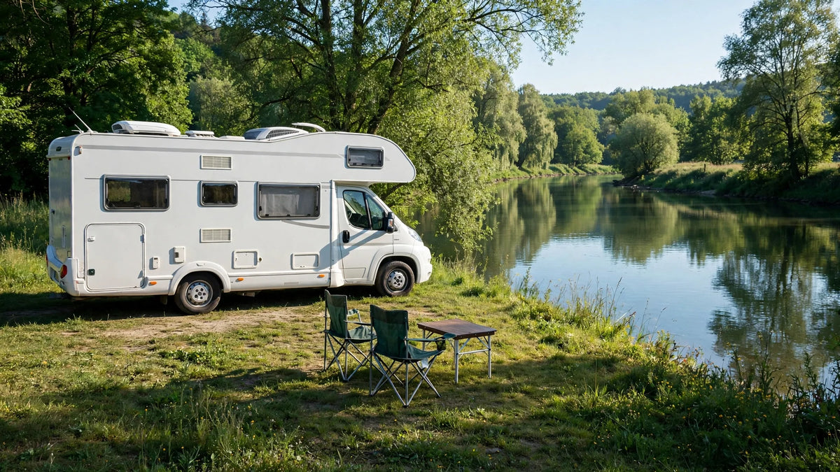 Camping-car installé au bord d'une rivière en fin de matinée, chaises sorties