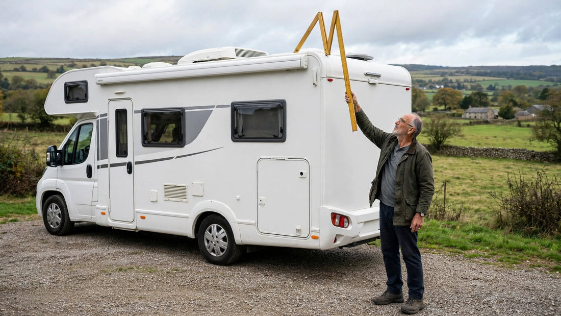 Homme mesurant la hauteur de son camping-car blanc avec une règle pliante avant de paramétrer son GPS