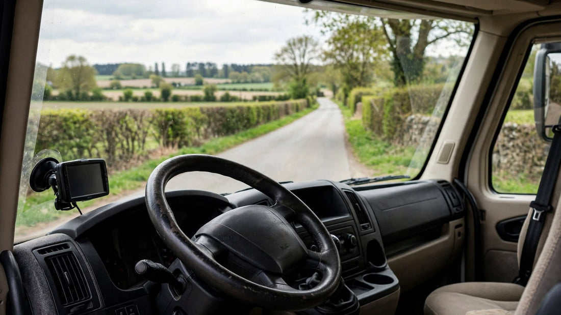 Vue depuis la place du conducteur d'un camping-car, GPS fixé en bas à gauche du pare-brise sur une route de campagne