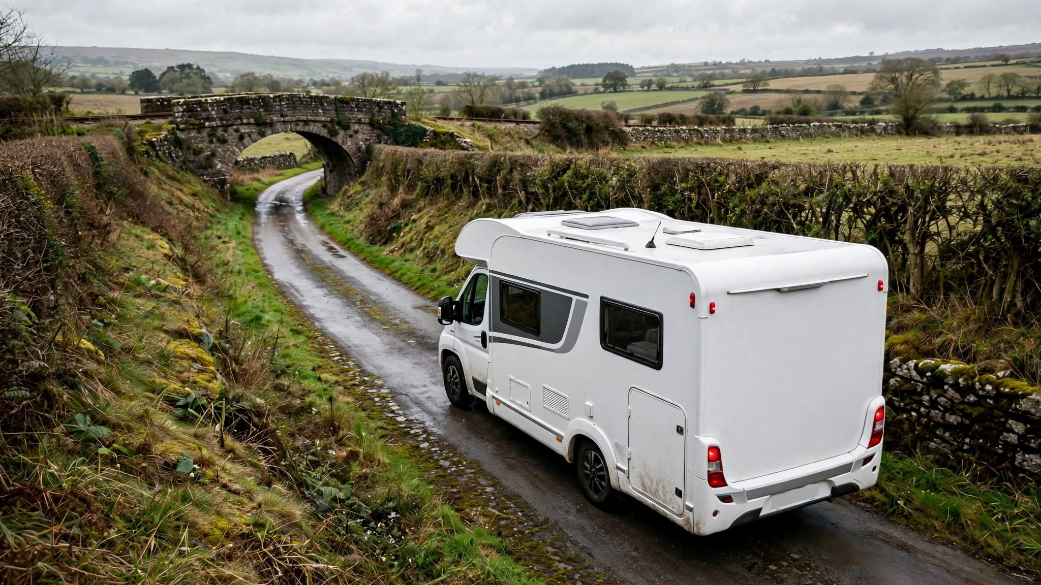 Camping-car blanc s'engageant sur une route étroite vers un pont ferroviaire en pierre de faible hauteur