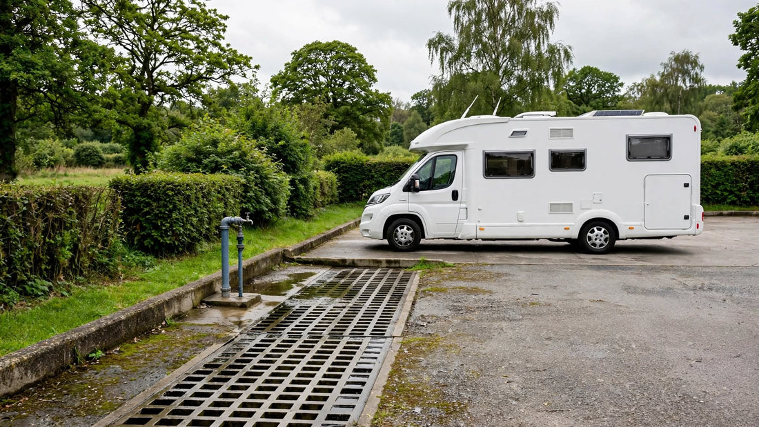 Camping-car stationné sur une aire de services européenne, à côté d'une grille de vidange et d'une borne d'eau