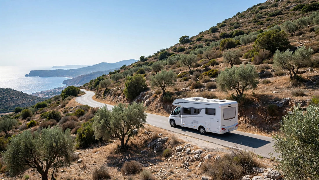 Camping-car sur une route côtière espagnole bordée d'oliviers, la mer Méditerranée en contrebas