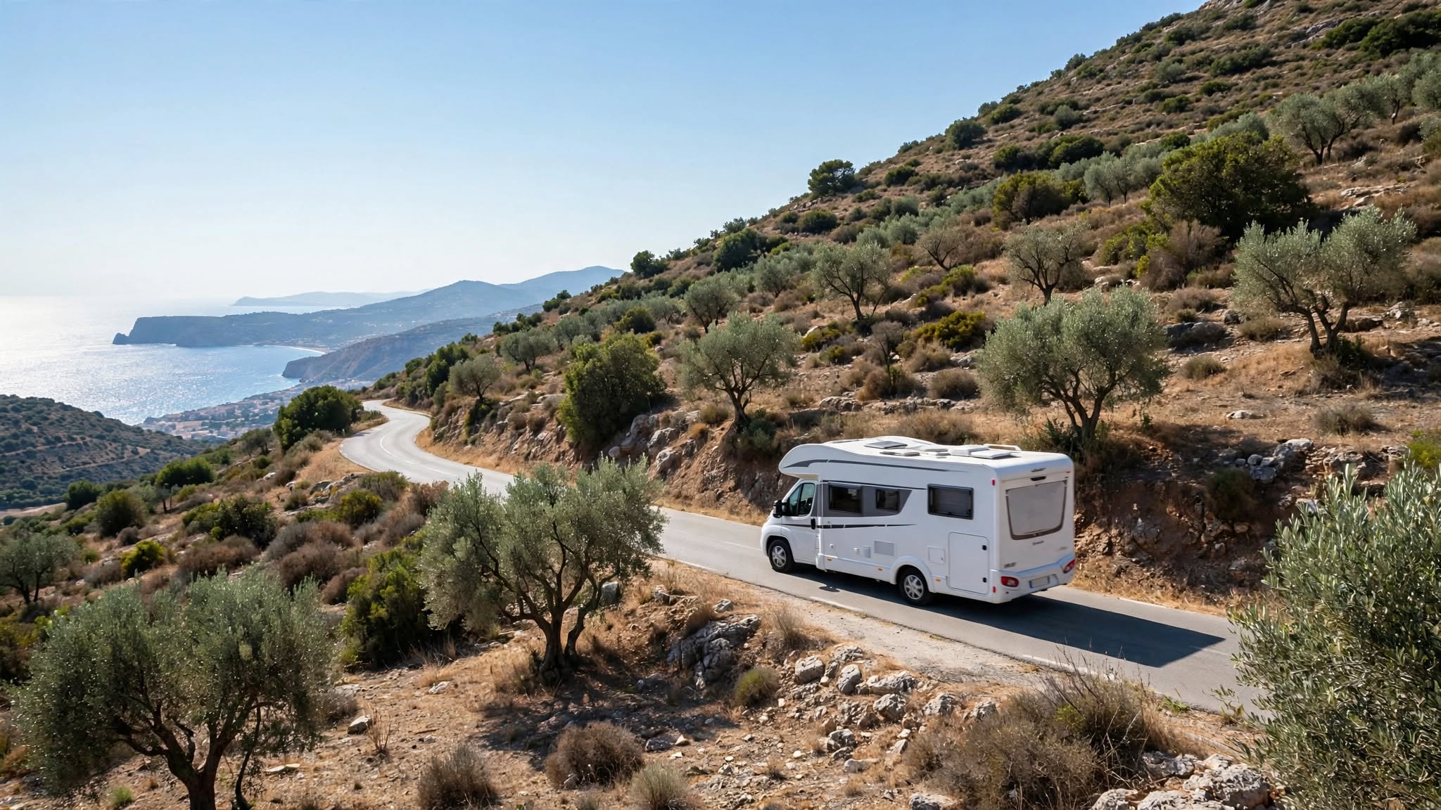 Camping-car sur une route côtière espagnole bordée d'oliviers, la mer Méditerranée en contrebas