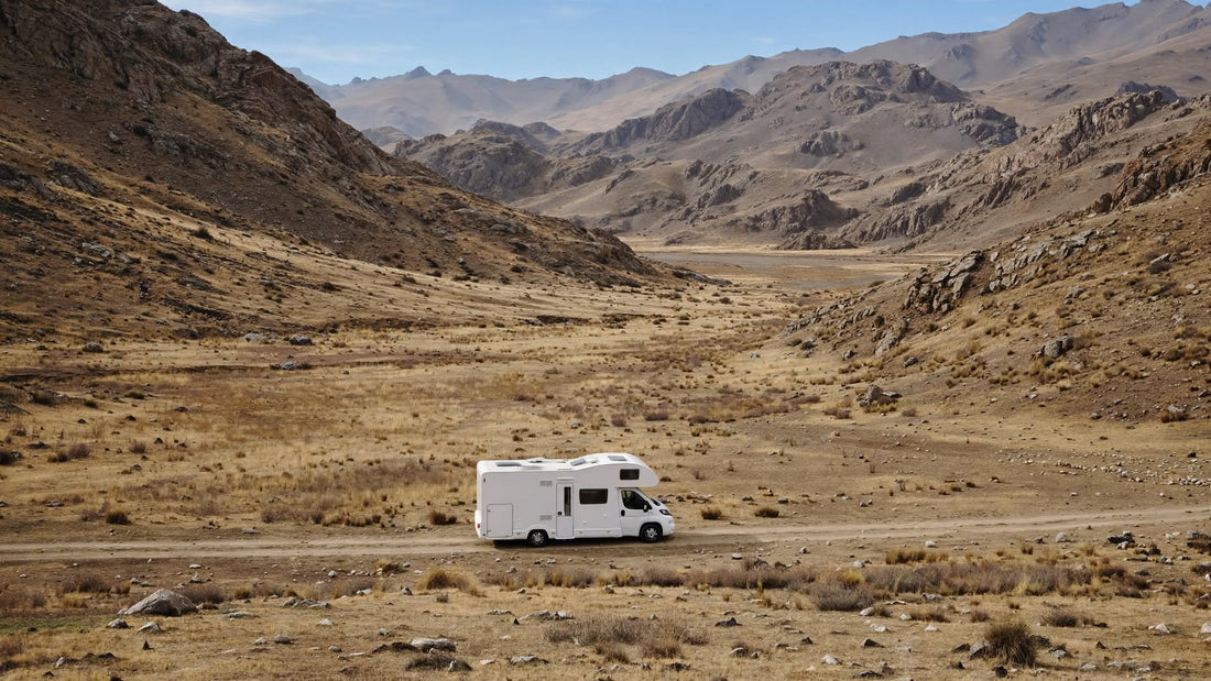 Camping-car seul dans une vallée de montagne déserte, sans habitation ni ligne électrique