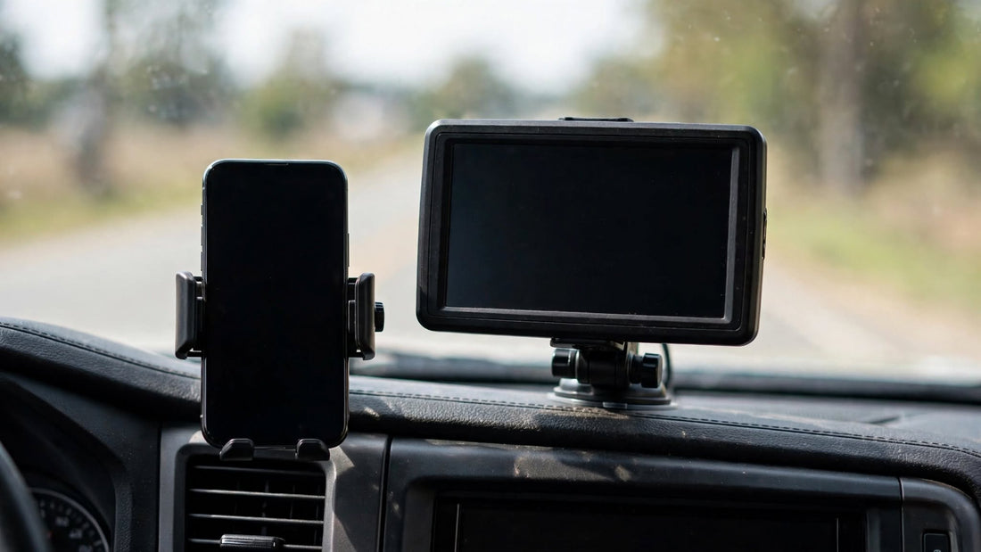 Smartphone dans un support de pare-brise à côté d'un appareil de navigation nettement plus grand, écrans éteints