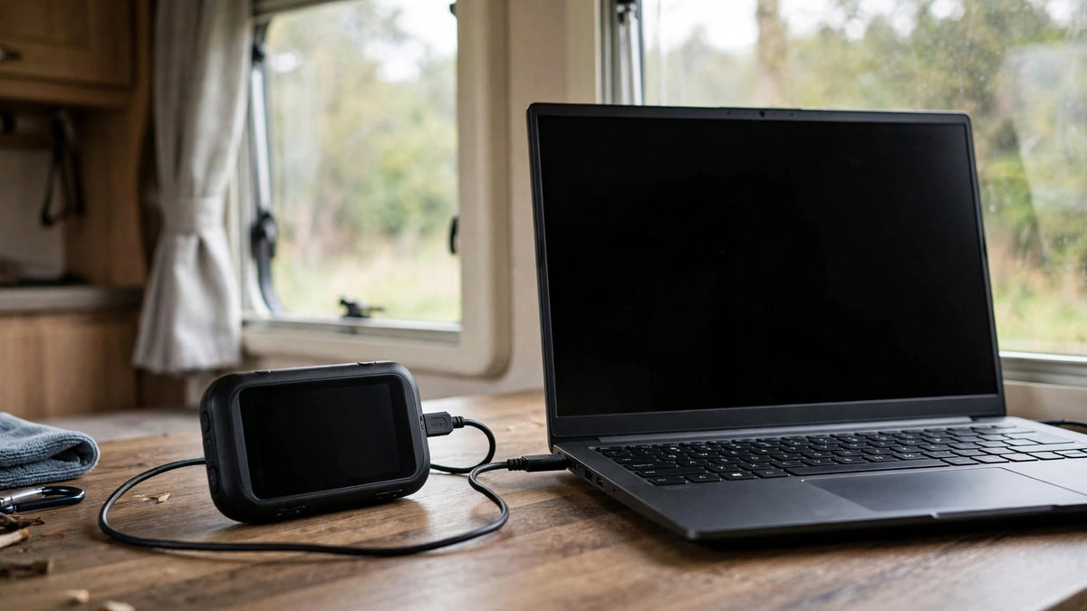 Appareil de navigation relié par câble USB à un ordinateur portable sur la table d'un camping-car