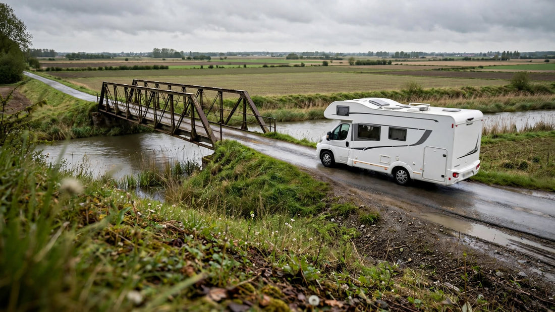 Camping-car s'approchant d'un vieux pont métallique étroit franchissant une rivière en plaine agricole