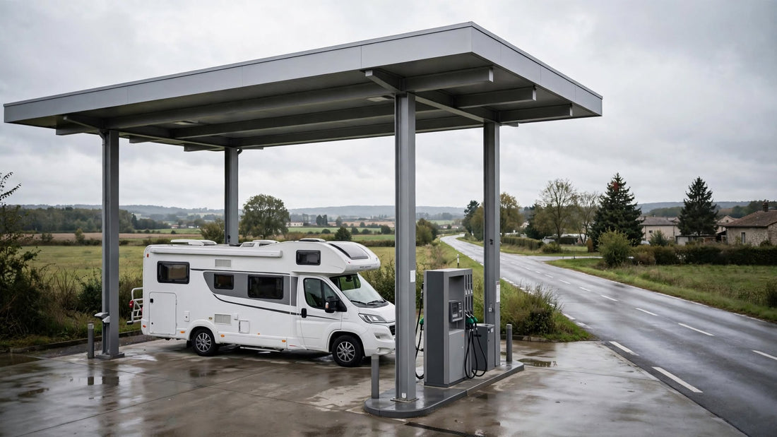 Camping-car à la pompe sous un auvent de station-service moderne offrant une garde suffisante