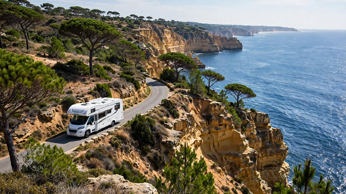 Camping-car sur une route côtière portugaise dominant l'Atlantique, falaises ocre et pins parasols