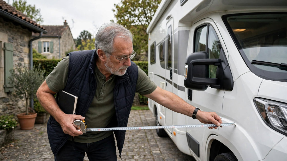 Homme mesurant la largeur de son camping-car au mètre ruban, carnet sous le bras