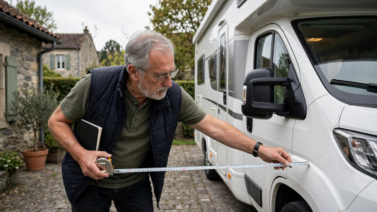 Homme mesurant la largeur de son camping-car au mètre ruban, carnet sous le bras
