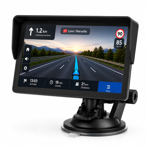 GPS camping-car 10 pouces avec pare-soleil intégré, écran affichant l'autoroute A7 vers Lyon et Marseille