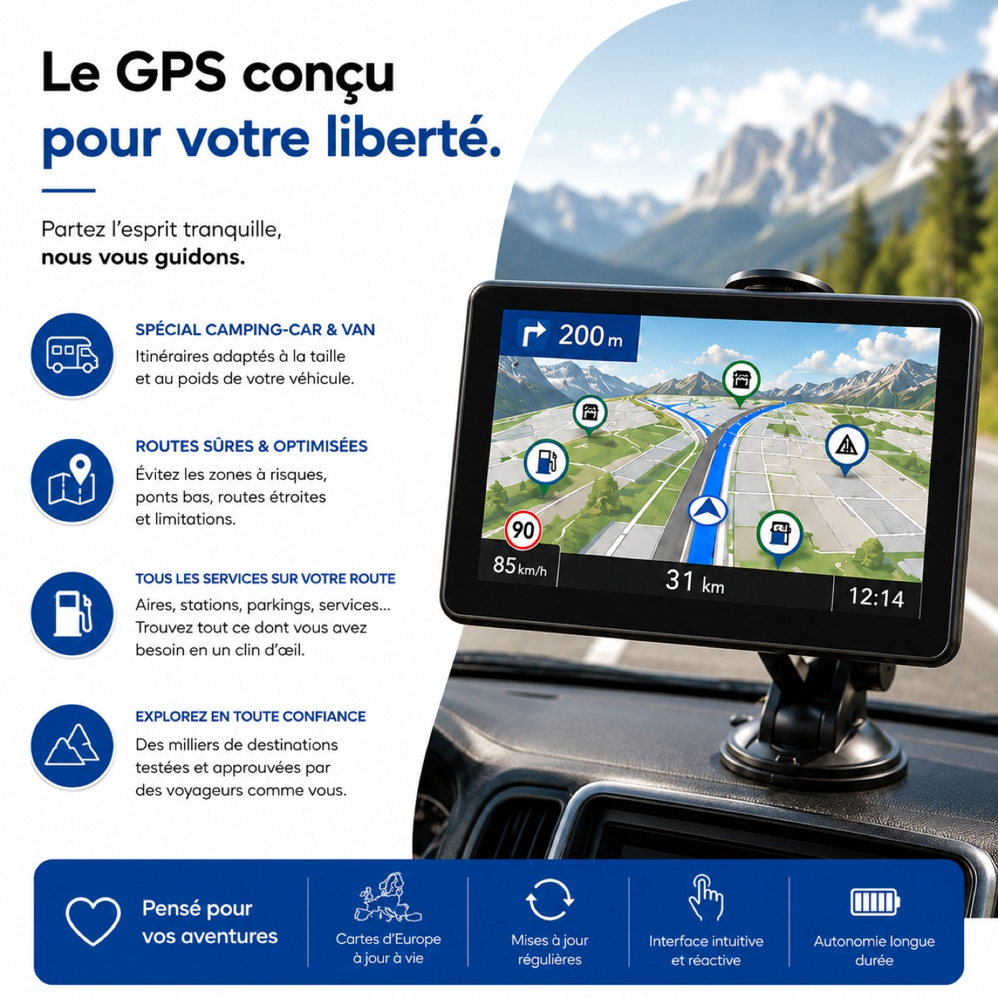 Le GPS conçu pour votre liberté : itinéraires adaptés au gabarit, routes sûres, services sur la route
