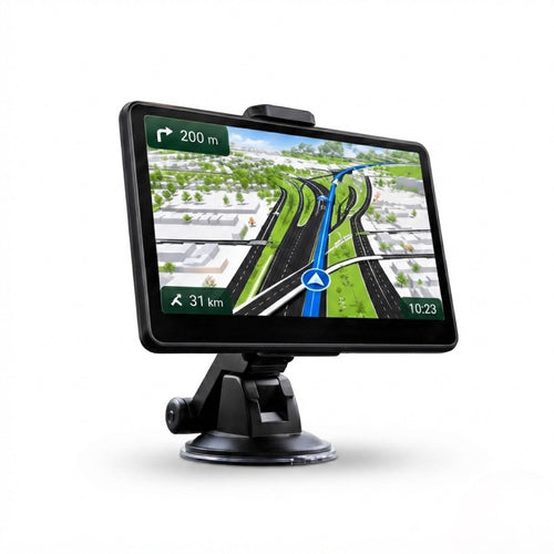 GPS camping-car 7 pouces avec support à ventouse, vue de trois quarts