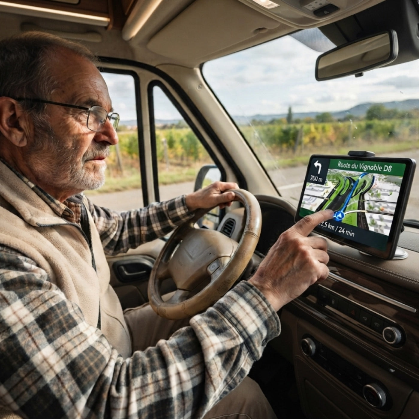 Conducteur de camping-car réglant son GPS 7 pouces monté sur le tableau de bord