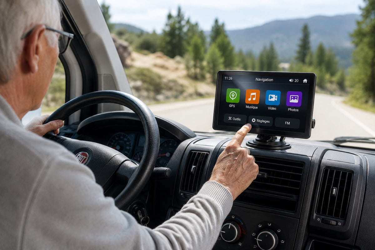 Écran tactile large du GPS camping-car affichant le menu navigation, musique, vidéo et photos